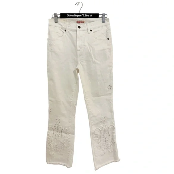 Johnny Was Pashmina White Eyelet Crop Baby Boot High Rise Hippie Jeans Sz 26 - Picture 4 of 11
